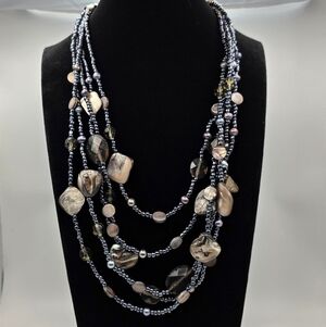 Multi Strand Beaded Statement Necklace Brown Shell Smoky Crystal Layered Necklac